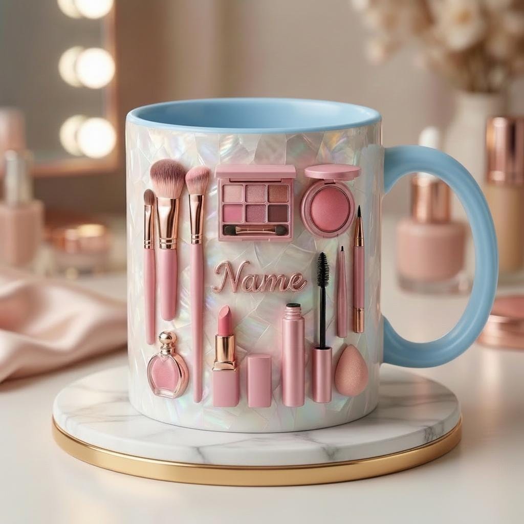 Make Up Mug 3D, Faux 3D Effect Mug, Custom Name Beauty Coffee Mug, Gift for Makeup Lover