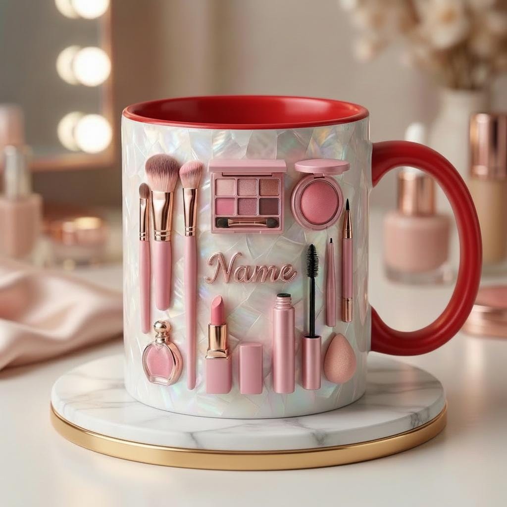 Make Up Mug 3D, Faux 3D Effect Mug, Custom Name Beauty Coffee Mug, Gift for Makeup Lover