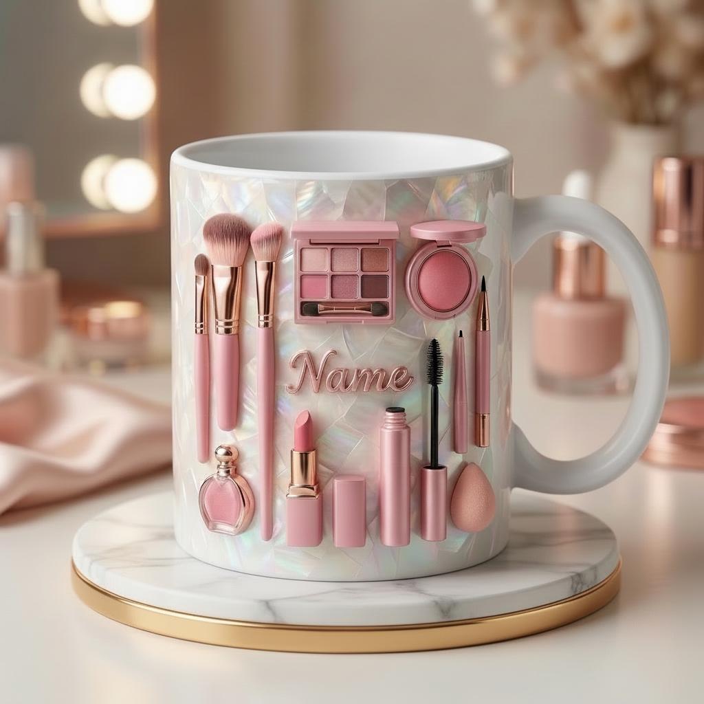 Make Up Mug 3D, Faux 3D Effect Mug, Custom Name Beauty Coffee Mug, Gift for Makeup Lover
