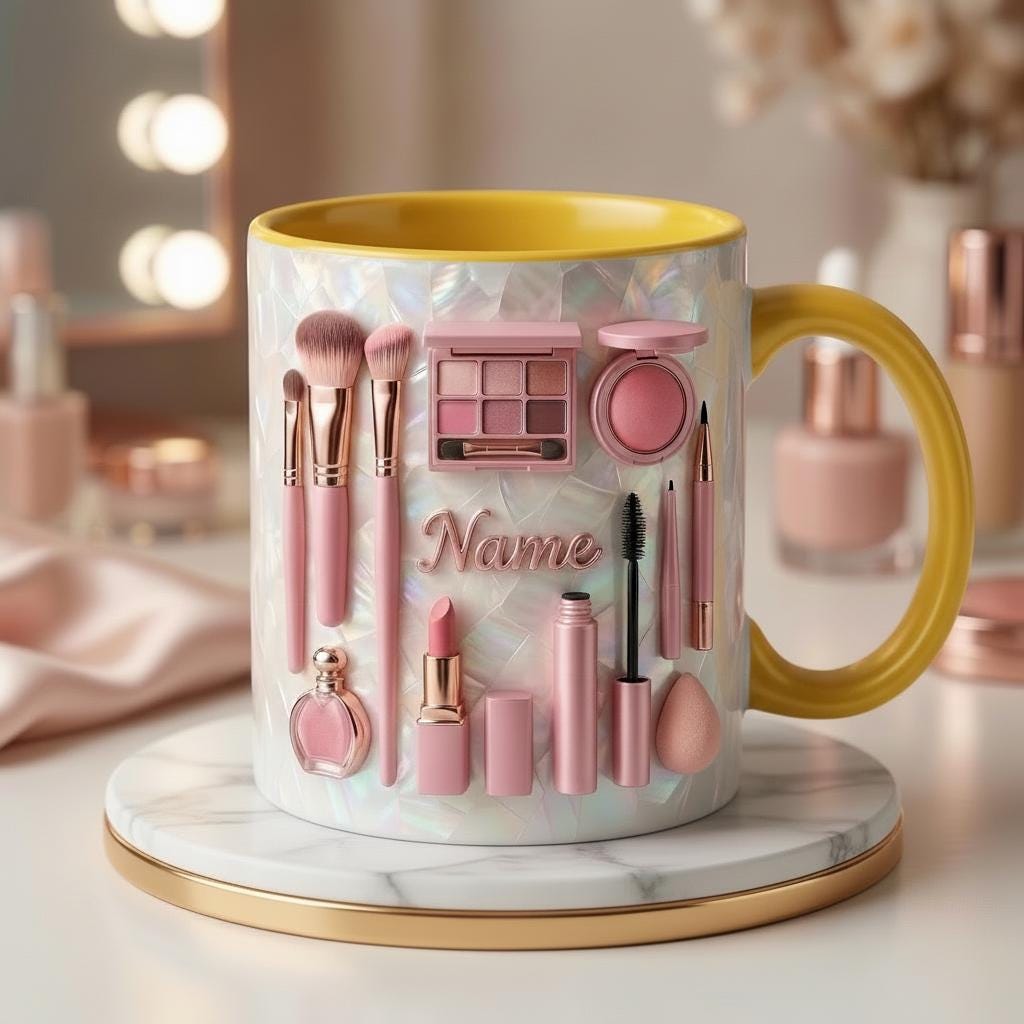 Make Up Mug 3D, Faux 3D Effect Mug, Custom Name Beauty Coffee Mug, Gift for Makeup Lover