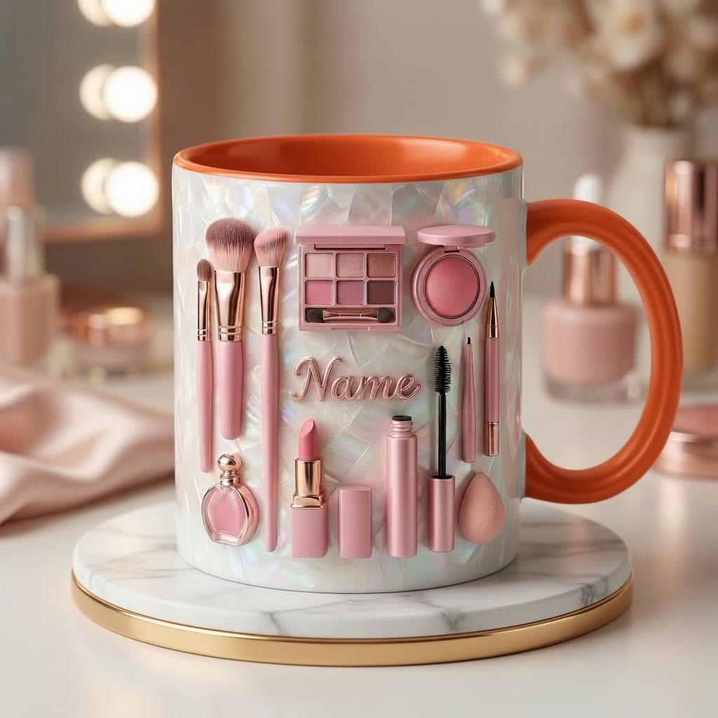 Make Up Mug 3D, Faux 3D Effect Mug, Custom Name Beauty Coffee Mug, Gift for Makeup Lover