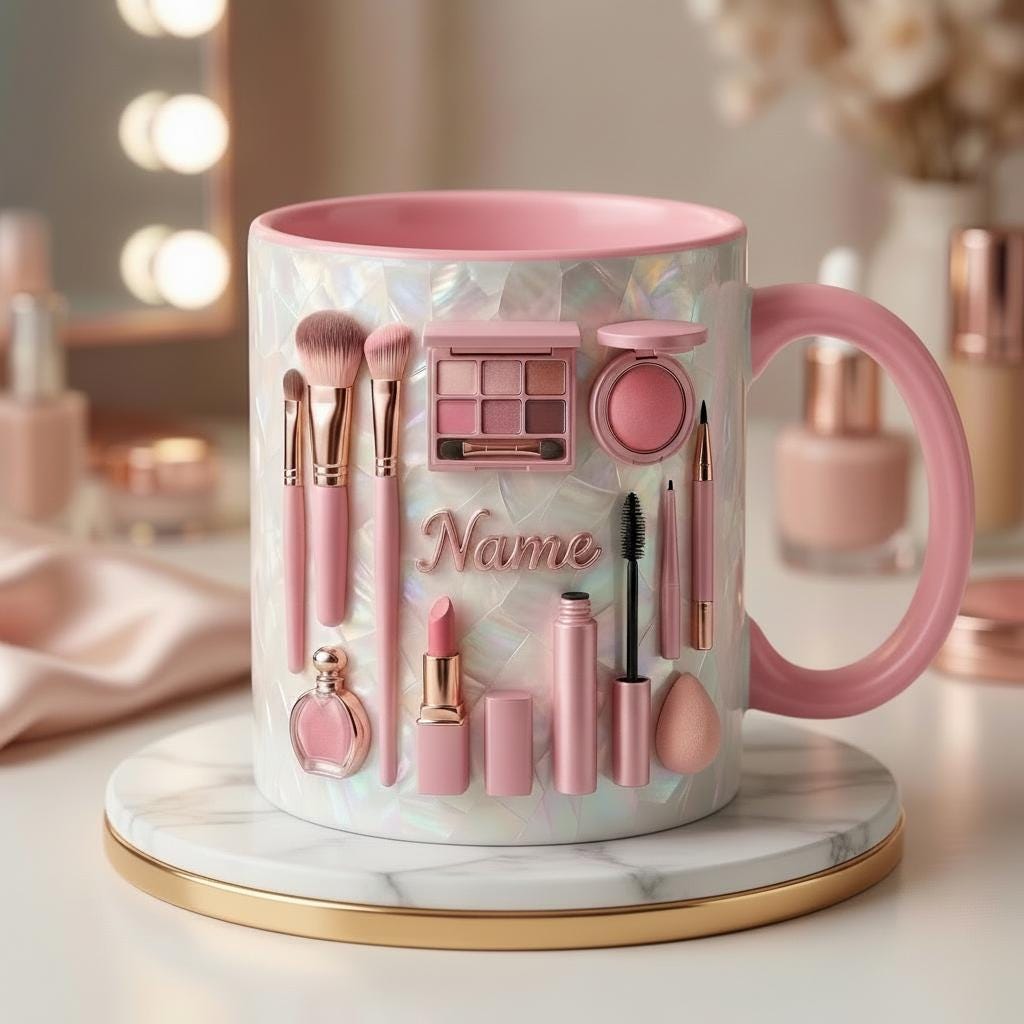 Make Up Mug 3D, Faux 3D Effect Mug, Custom Name Beauty Coffee Mug, Gift for Makeup Lover