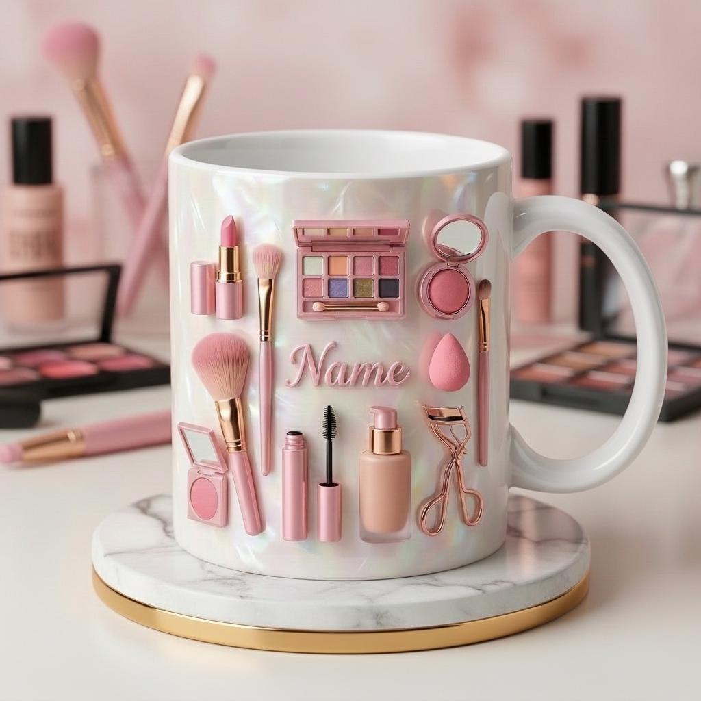 Make Up Mug 3D, Faux 3D Effect Mug, Makeup Lover Coffee Cup, Personalized Beauty Mug
