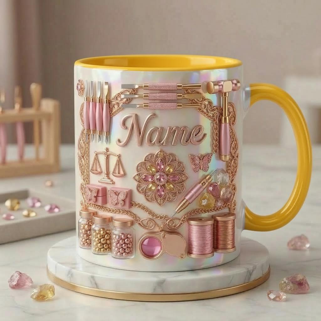Jewelry Making Mug 3D, Jewelry Maker Coffee Cup, Custom Name Artisan Gift, Faux 3D Effect Mug