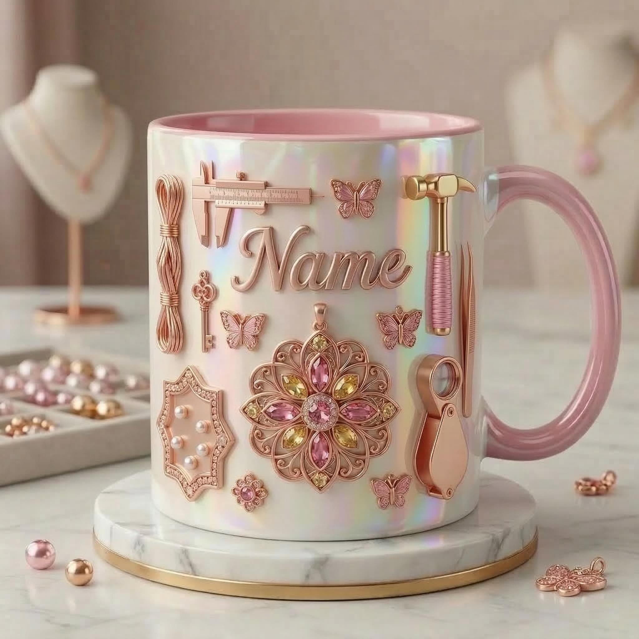 Jewelry Making Mug 3D, Handmade Jewelry Lover Mug, Custom Name Coffee Cup, Faux 3D Effect Mug