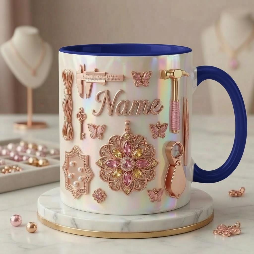 Jewelry Making Mug 3D, Handmade Jewelry Lover Mug, Custom Name Coffee Cup, Faux 3D Effect Mug