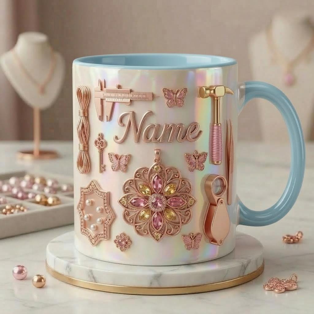 Jewelry Making Mug 3D, Handmade Jewelry Lover Mug, Custom Name Coffee Cup, Faux 3D Effect Mug