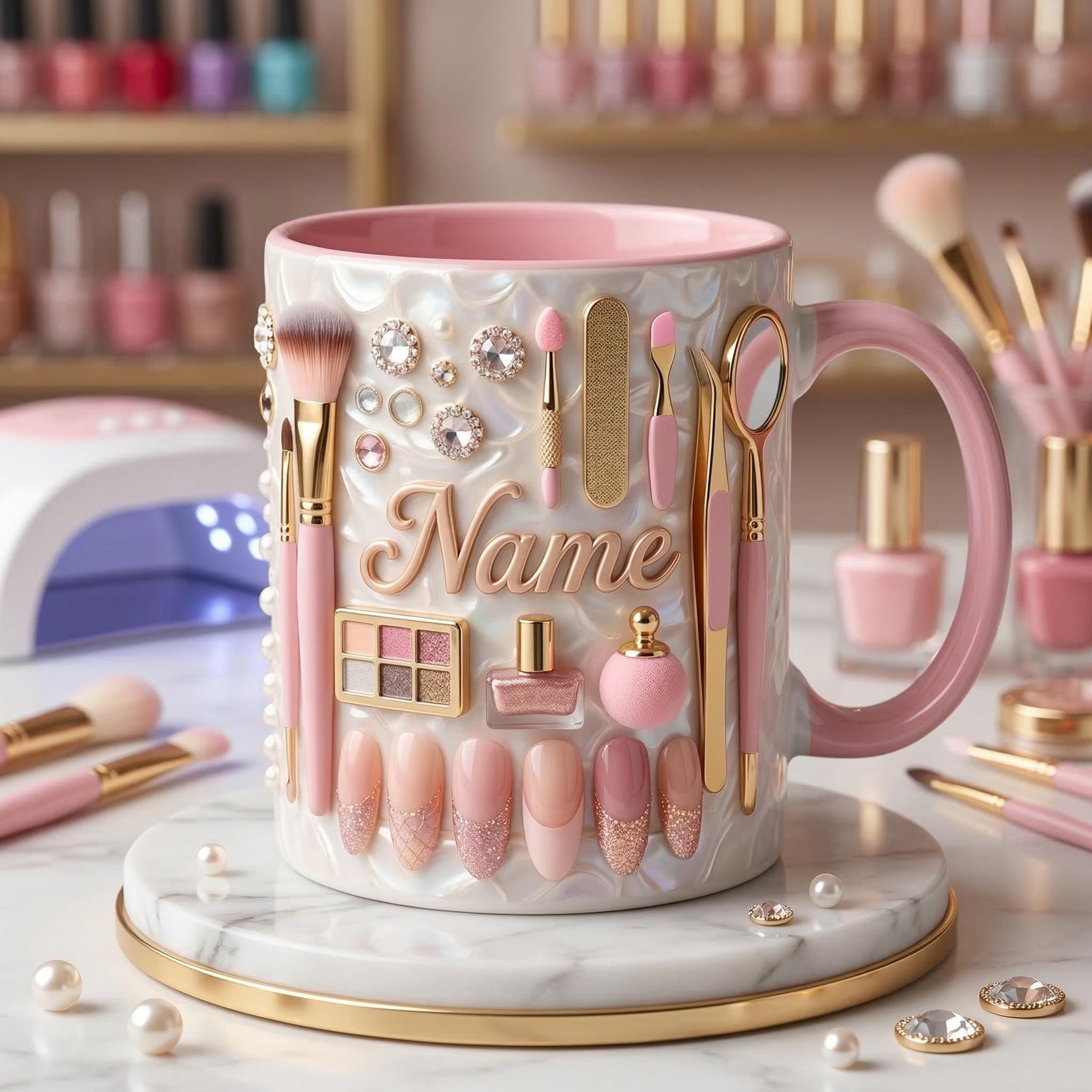 Nail Tech Mug 3D, Manicurist Coffee Mug, Custom Name Nail Tech Gift, Faux 3D Effect Mug