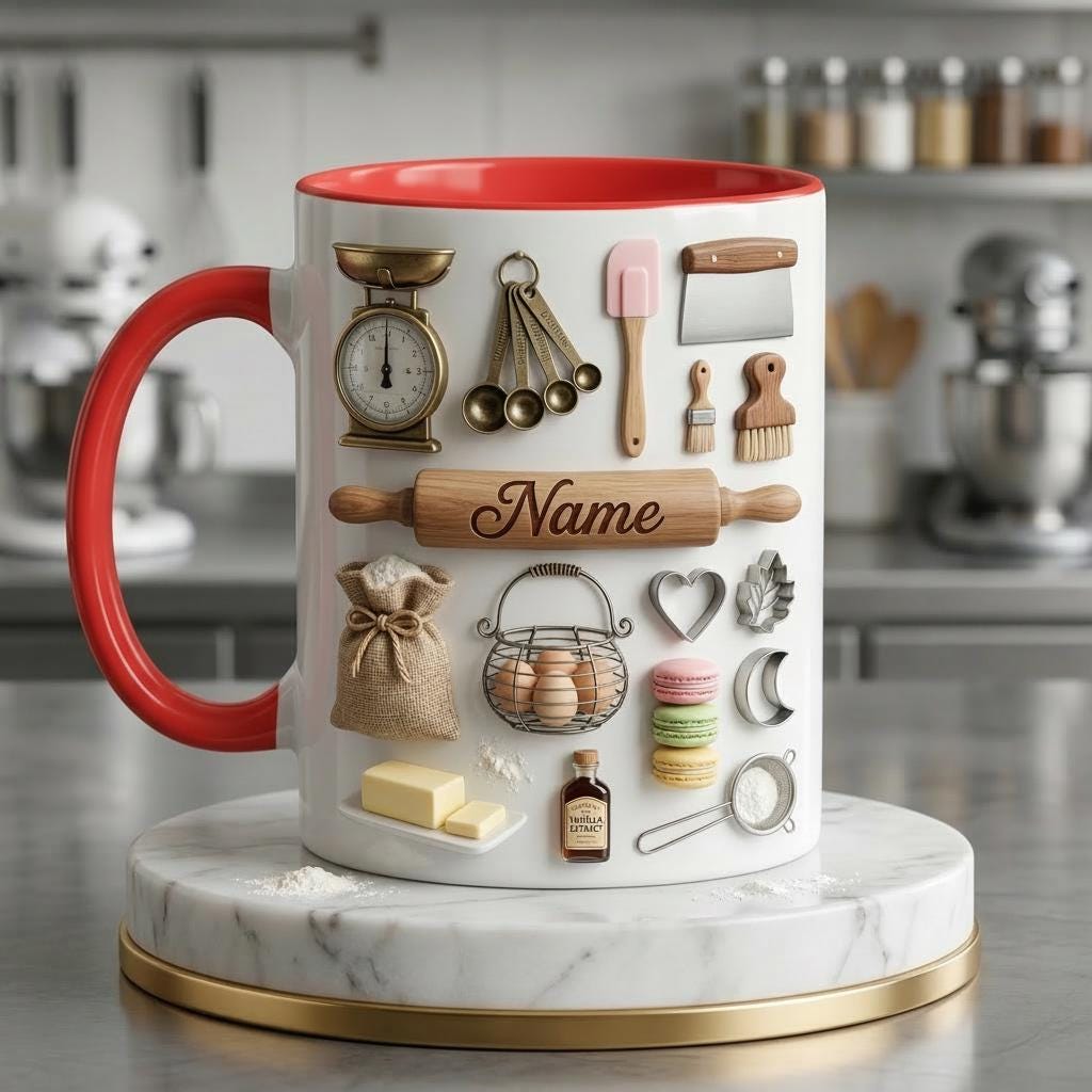 Baking Accent Mug, Faux 3D Effect Mug, Custom Name Baking Coffee Cup, Baker Gift Idea