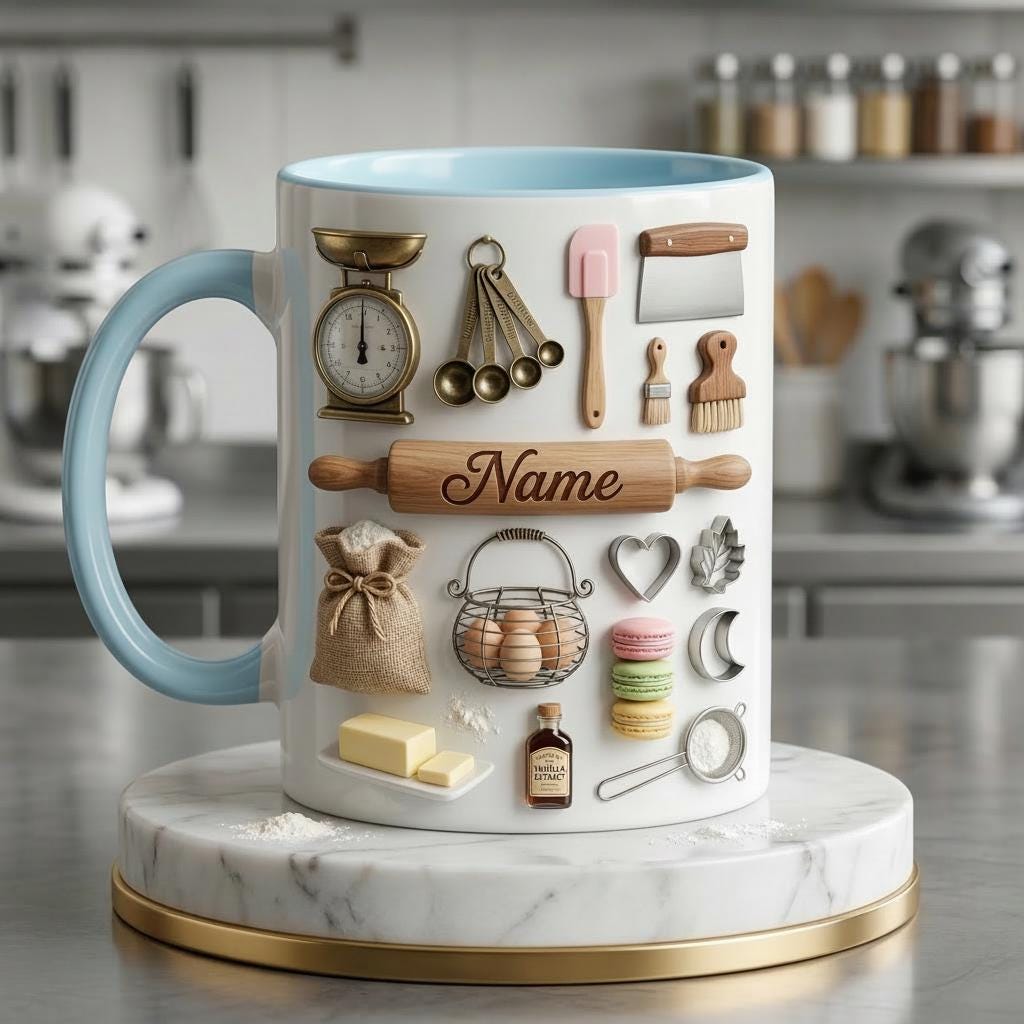 Baking Accent Mug, Faux 3D Effect Mug, Custom Name Baking Coffee Cup, Baker Gift Idea
