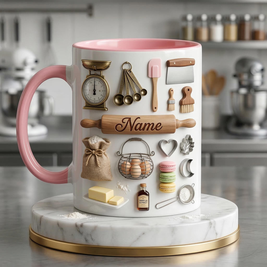 Baking Accent Mug, Faux 3D Effect Mug, Custom Name Baking Coffee Cup, Baker Gift Idea