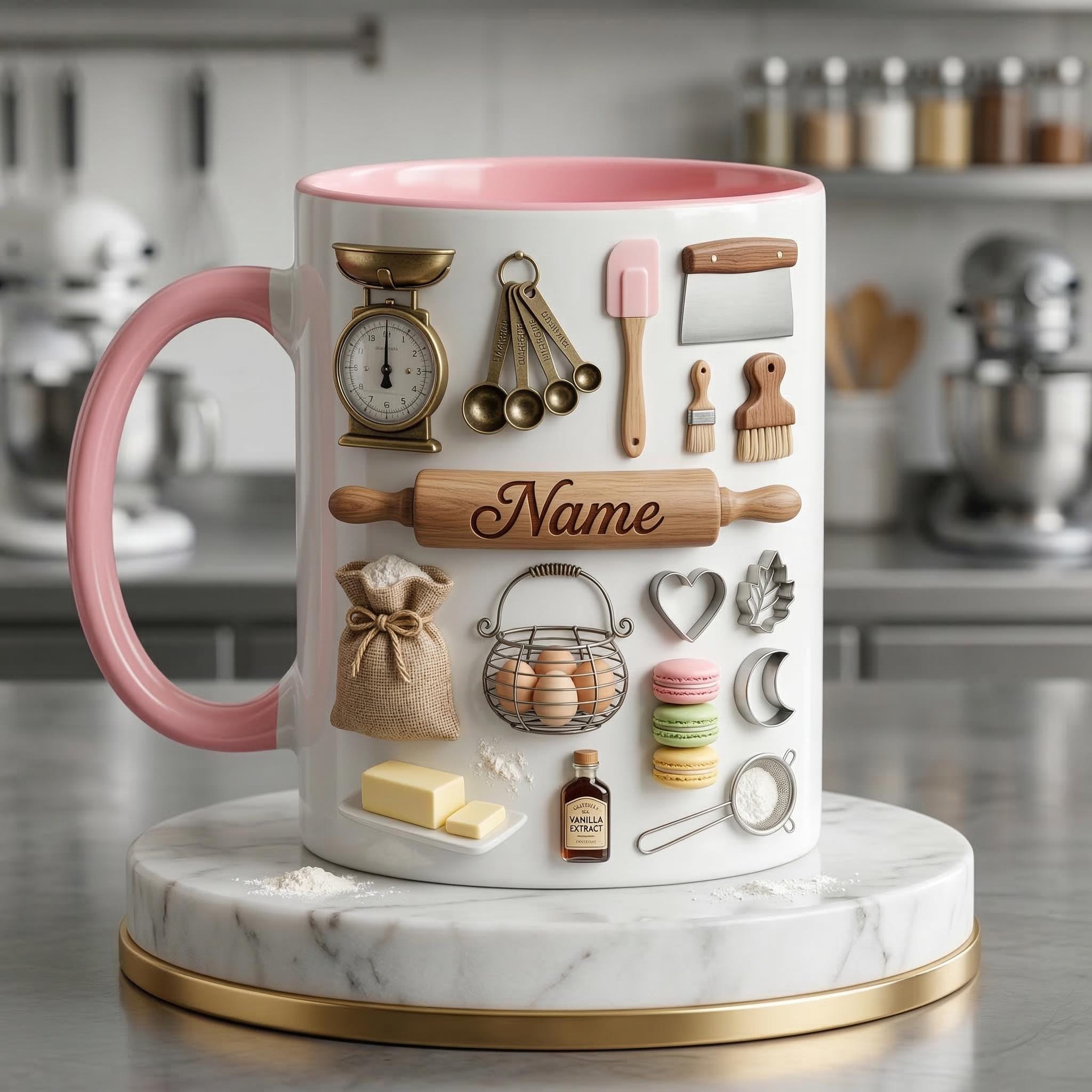 Baking Accent Mug, Faux 3D Effect Mug, Custom Name Baking Coffee Cup, Baker Gift Idea