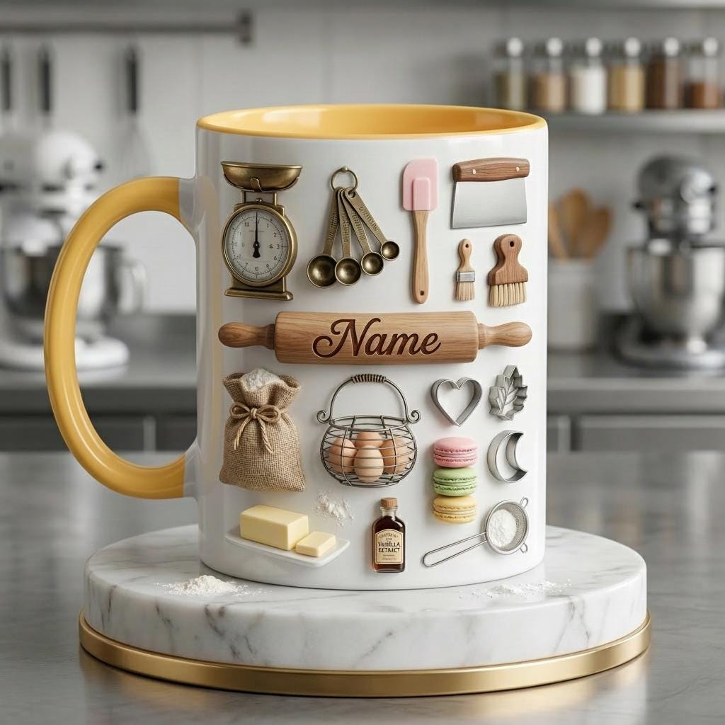 Baking Accent Mug, Faux 3D Effect Mug, Custom Name Baking Coffee Cup, Baker Gift Idea