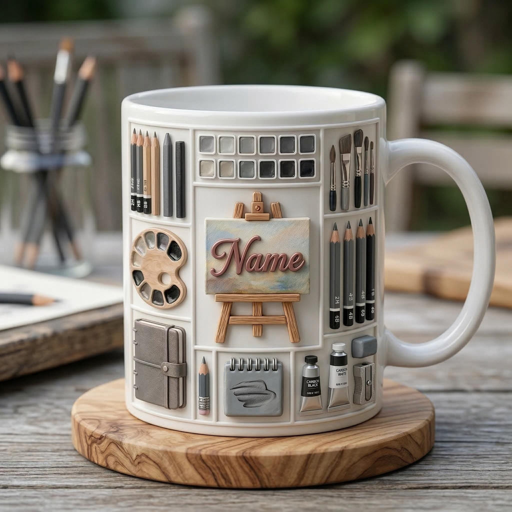 Personalized Artist Sketching Mug 3D, Custom Name Coffee Cup, 3D Art Design