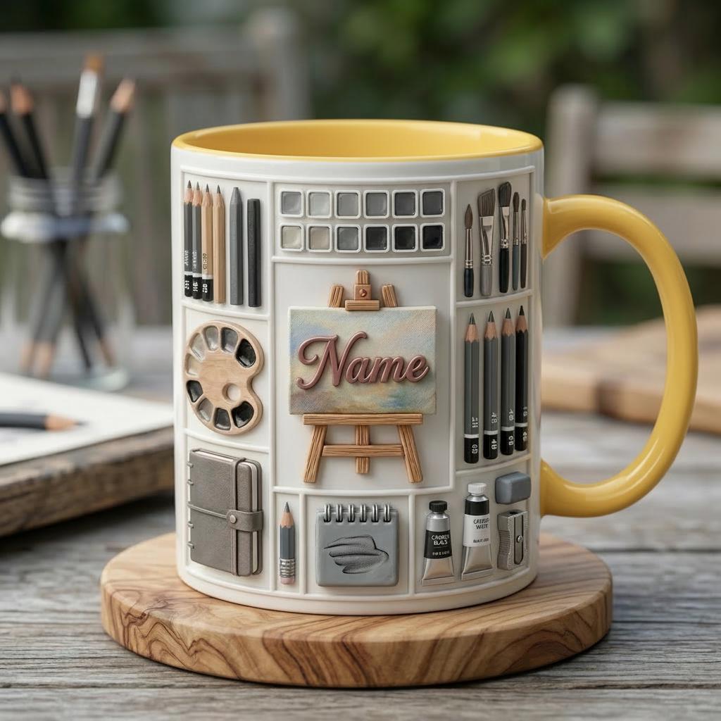 Personalized Artist Sketching Mug 3D, Custom Name Coffee Cup, 3D Art Design