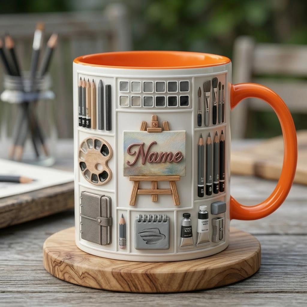 Personalized Artist Sketching Mug 3D, Custom Name Coffee Cup, 3D Art Design