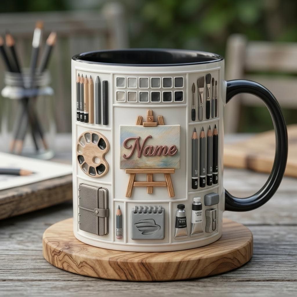 Personalized Artist Sketching Mug 3D, Custom Name Coffee Cup, 3D Art Design