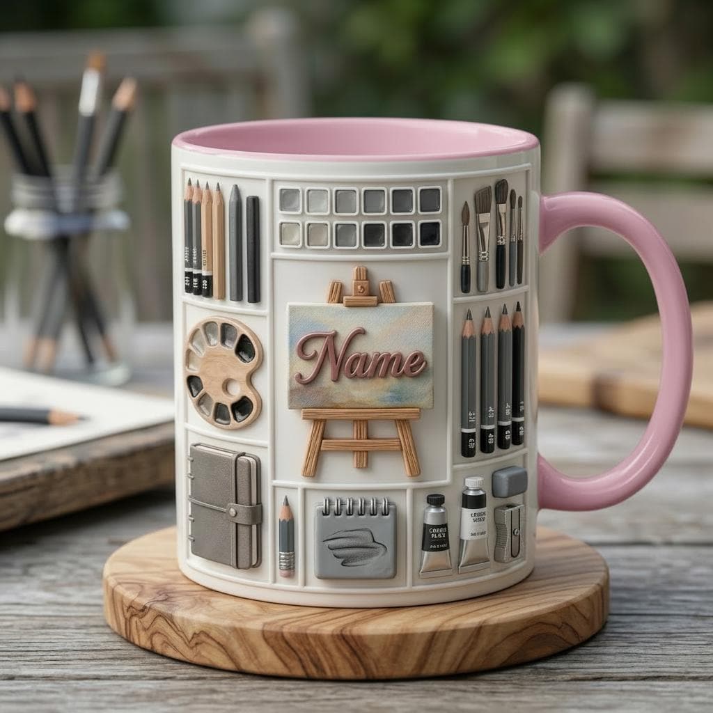 Personalized Artist Sketching Mug 3D, Custom Name Coffee Cup, 3D Art Design