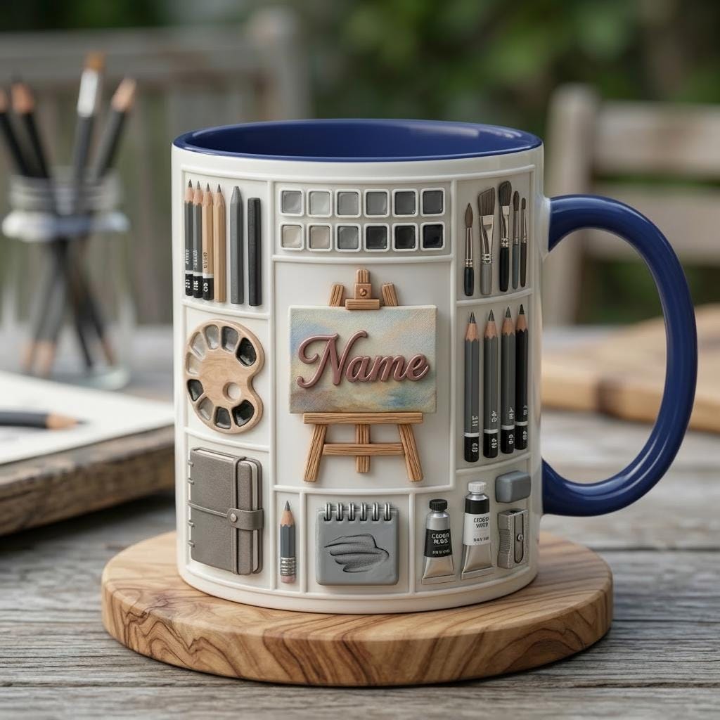Personalized Artist Sketching Mug 3D, Custom Name Coffee Cup, 3D Art Design