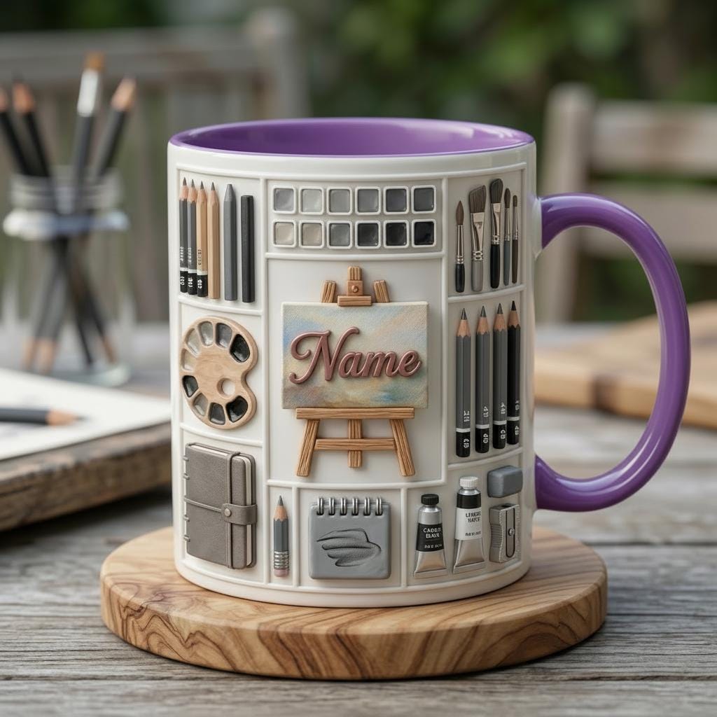 Personalized Artist Sketching Mug 3D, Custom Name Coffee Cup, 3D Art Design
