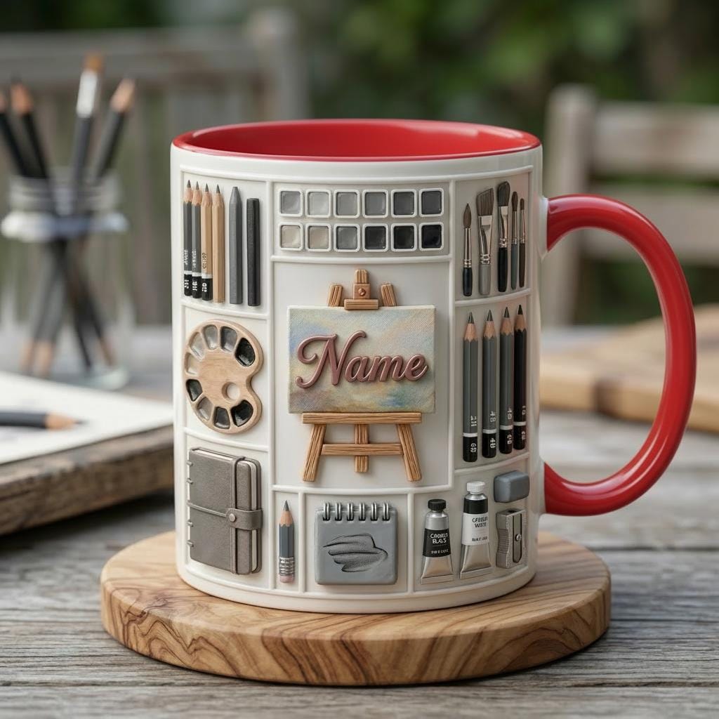 Personalized Artist Sketching Mug 3D, Custom Name Coffee Cup, 3D Art Design