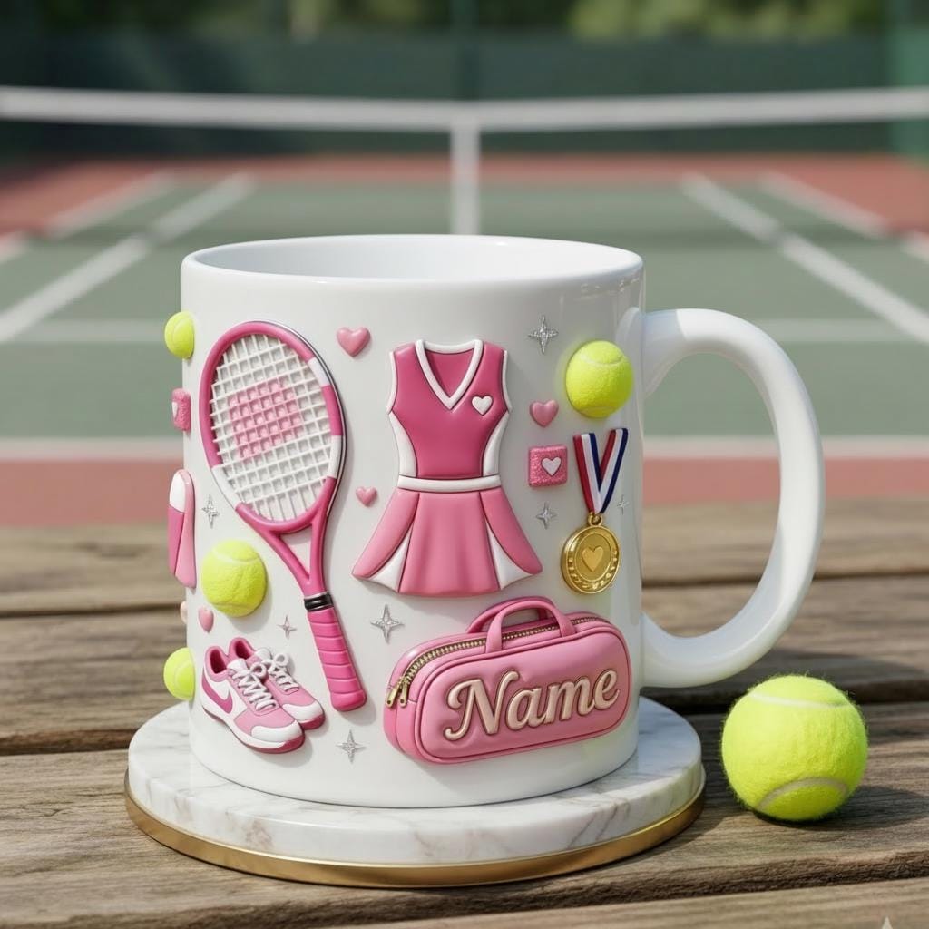 Tennis Mug 3D, Faux 3D Mug, Cute Tennis Coffee Mug, Custom Name Tennis Lover Gift