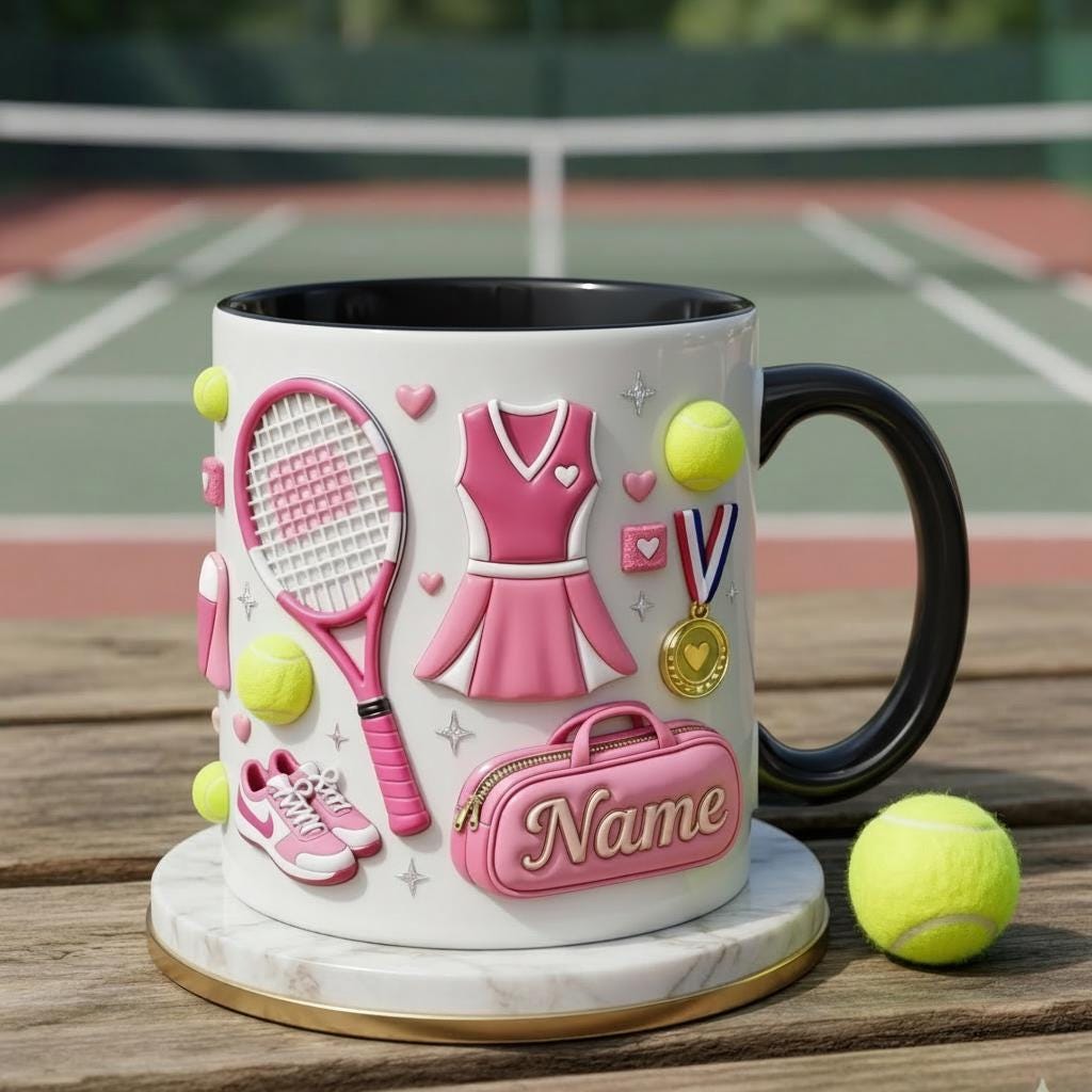 Tennis Mug 3D, Faux 3D Mug, Cute Tennis Coffee Mug, Custom Name Tennis Lover Gift