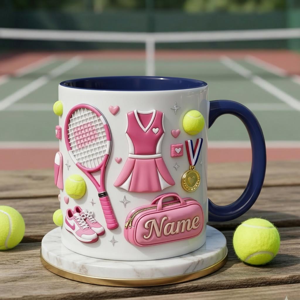 Tennis Mug 3D, Faux 3D Mug, Cute Tennis Coffee Mug, Custom Name Tennis Lover Gift