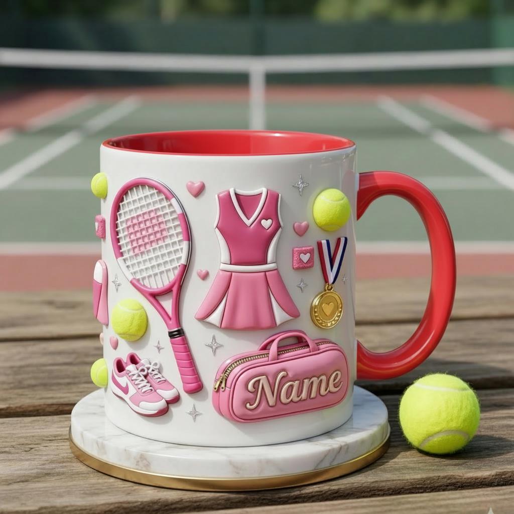 Tennis Mug 3D, Faux 3D Mug, Cute Tennis Coffee Mug, Custom Name Tennis Lover Gift