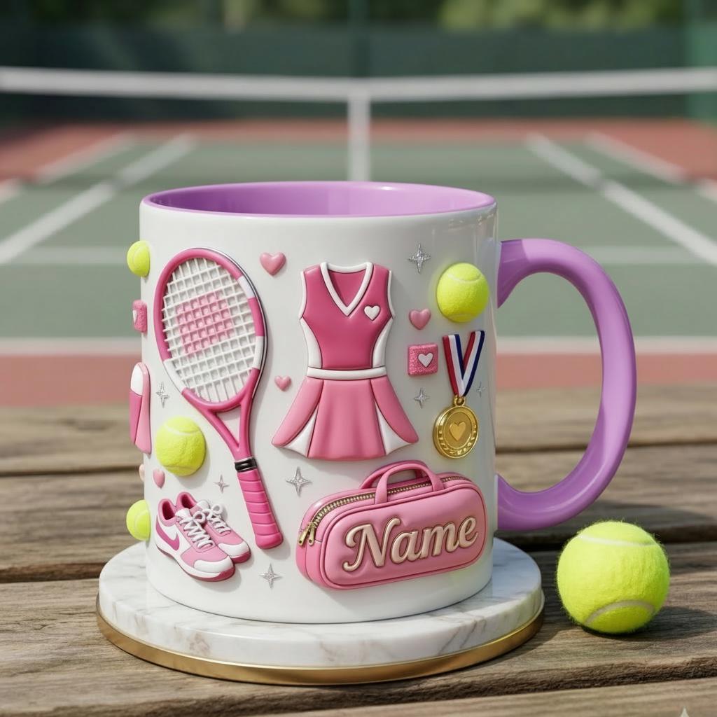 Tennis Mug 3D, Faux 3D Mug, Cute Tennis Coffee Mug, Custom Name Tennis Lover Gift