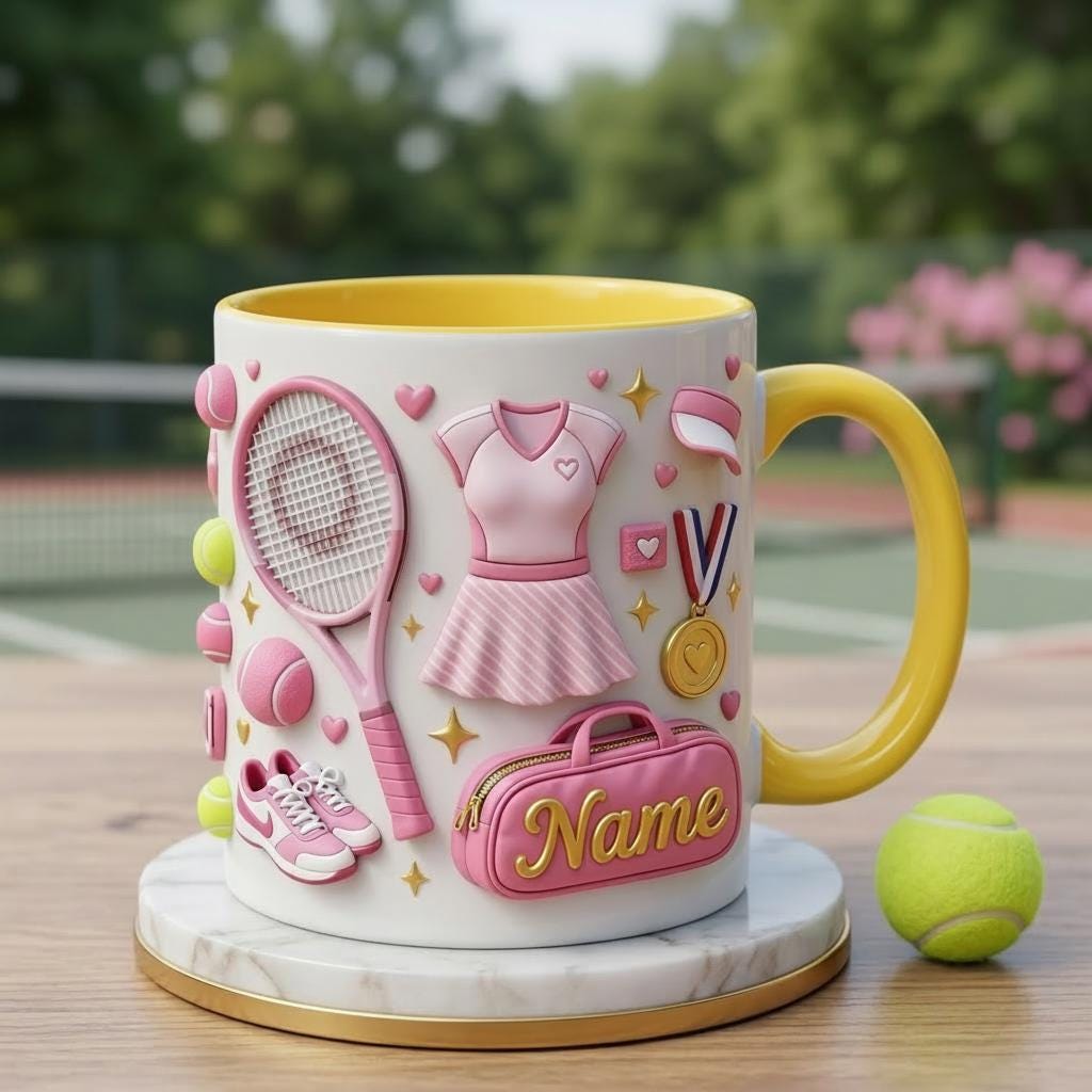 Tennis Mug 3D, Faux 3D Mug, Cute Tennis Coffee Mug, Custom Name Tennis Lover Gift