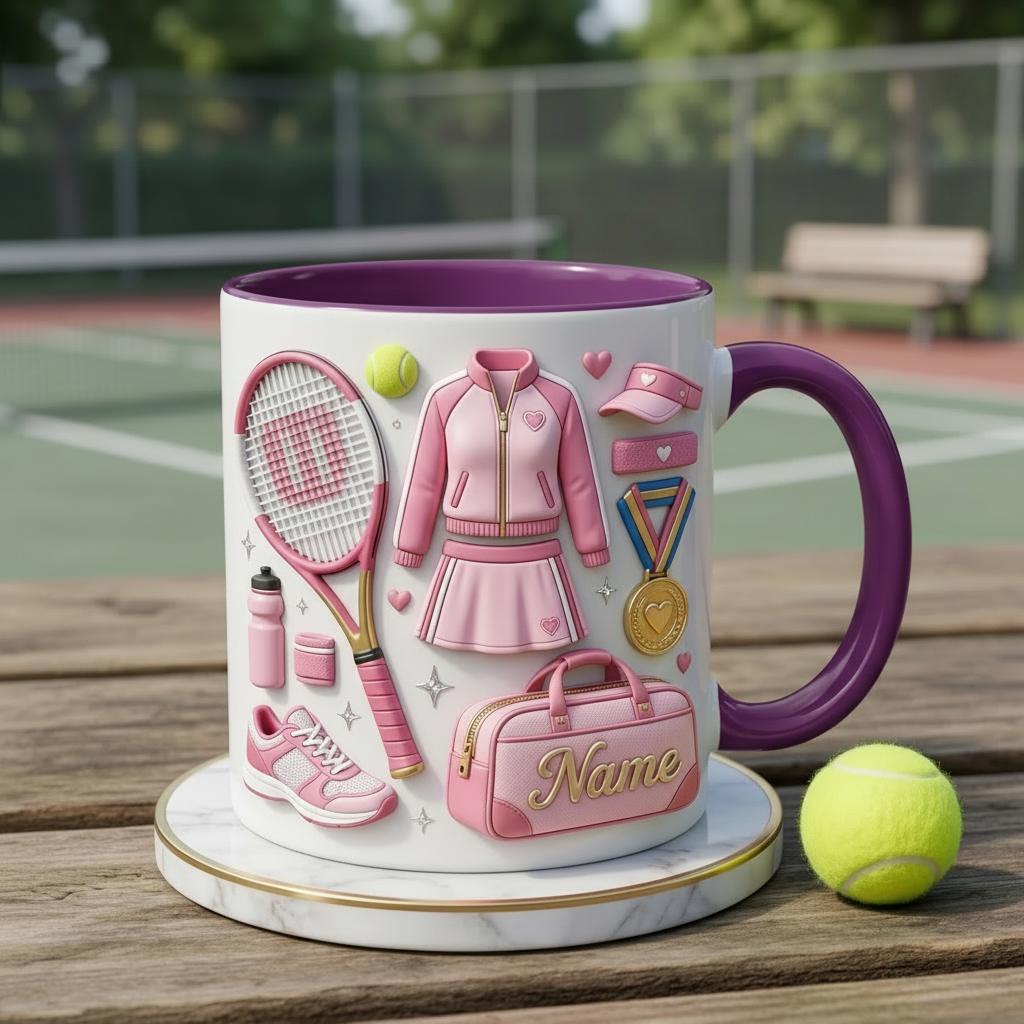 Personalized Tennis Lover Mug 3D, Custom Name Coffee Cup, 3D Tennis Gear Design