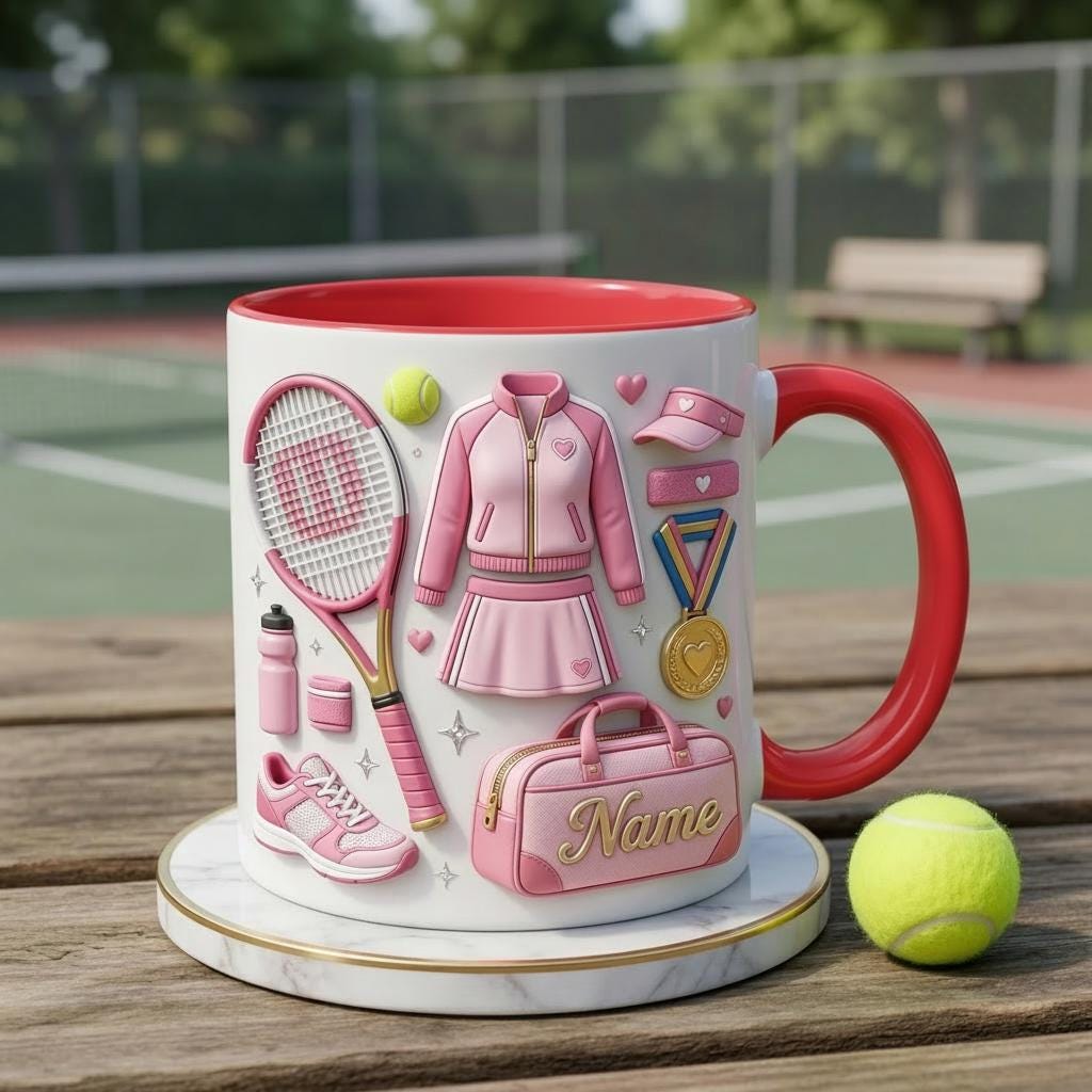 Personalized Tennis Lover Mug 3D, Custom Name Coffee Cup, 3D Tennis Gear Design