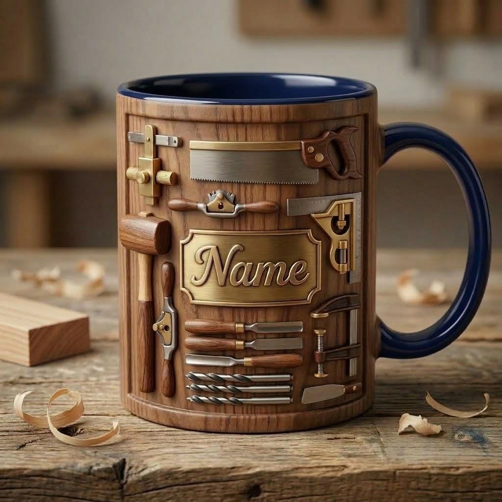 Woodworking Mug 3D, Custom Name Craft Coffee Accent Mug, Gift For Father Day, Faux 3D Mug