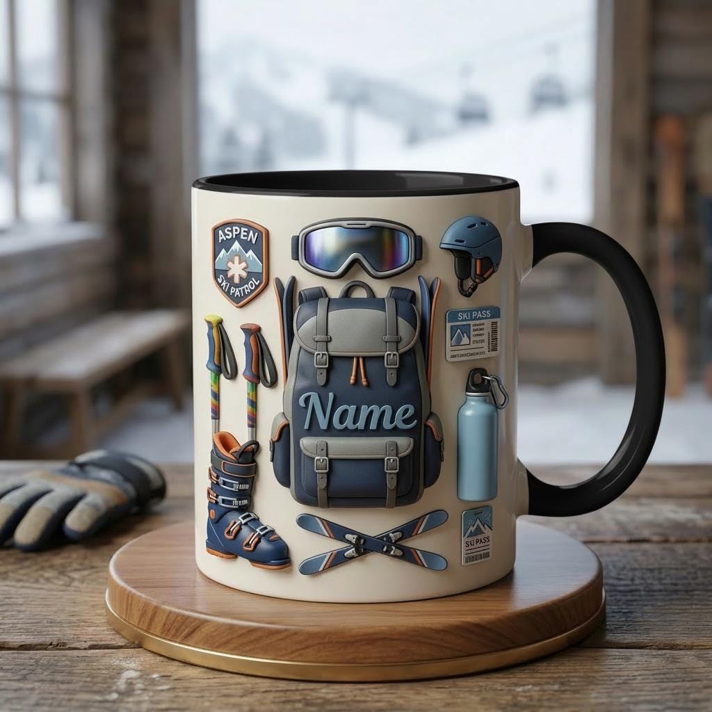 Custom Name Ski Mug 3D, Faux 3D Coffee Cup, Ski Lover Gift