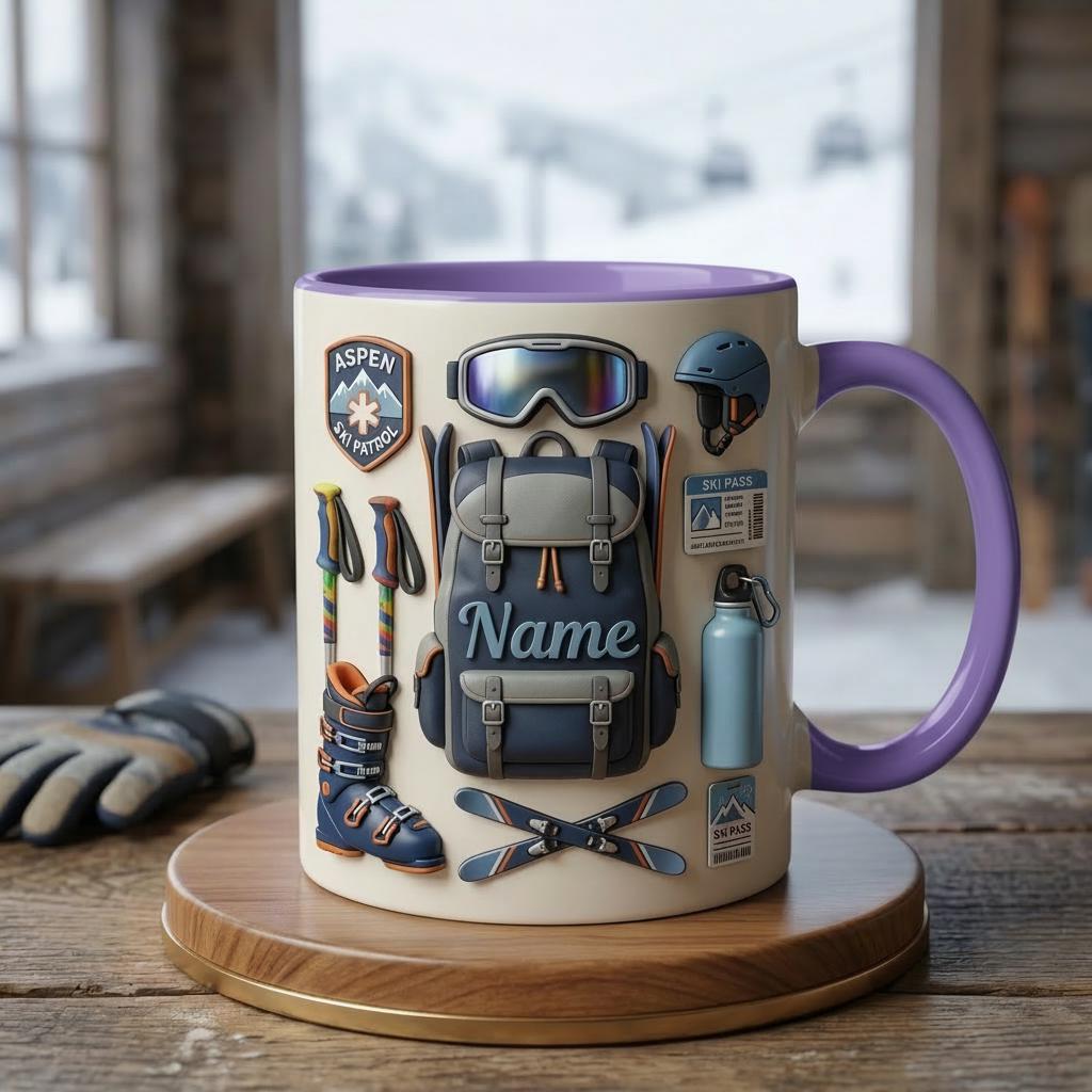 Custom Name Ski Mug 3D, Faux 3D Coffee Cup, Ski Lover Gift
