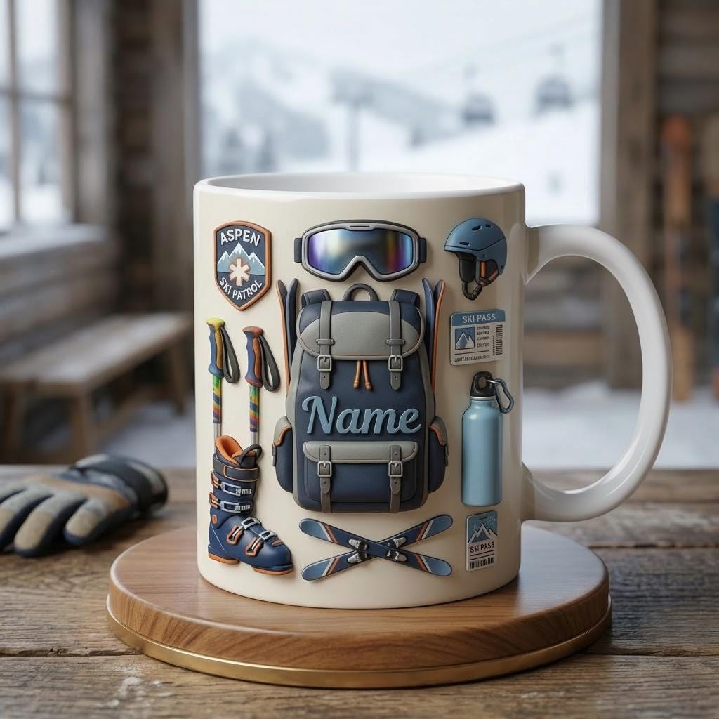 Custom Name Ski Mug 3D, Faux 3D Coffee Cup, Ski Lover Gift