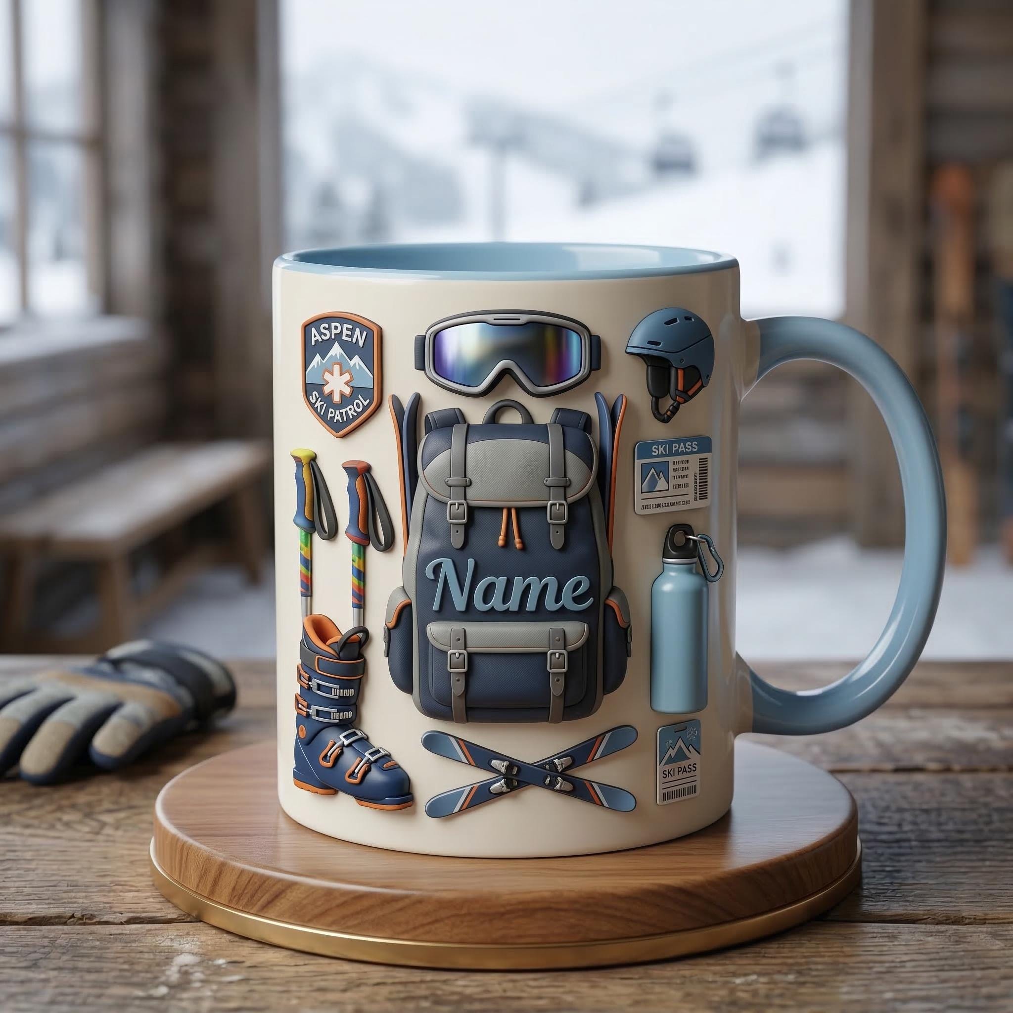 Custom Name Ski Mug 3D, Faux 3D Coffee Cup, Ski Lover Gift