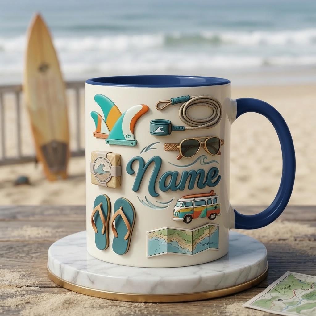 Surfing Coffee Mug 3D, Faux 3D Design, Custom Name, Beach Van Art