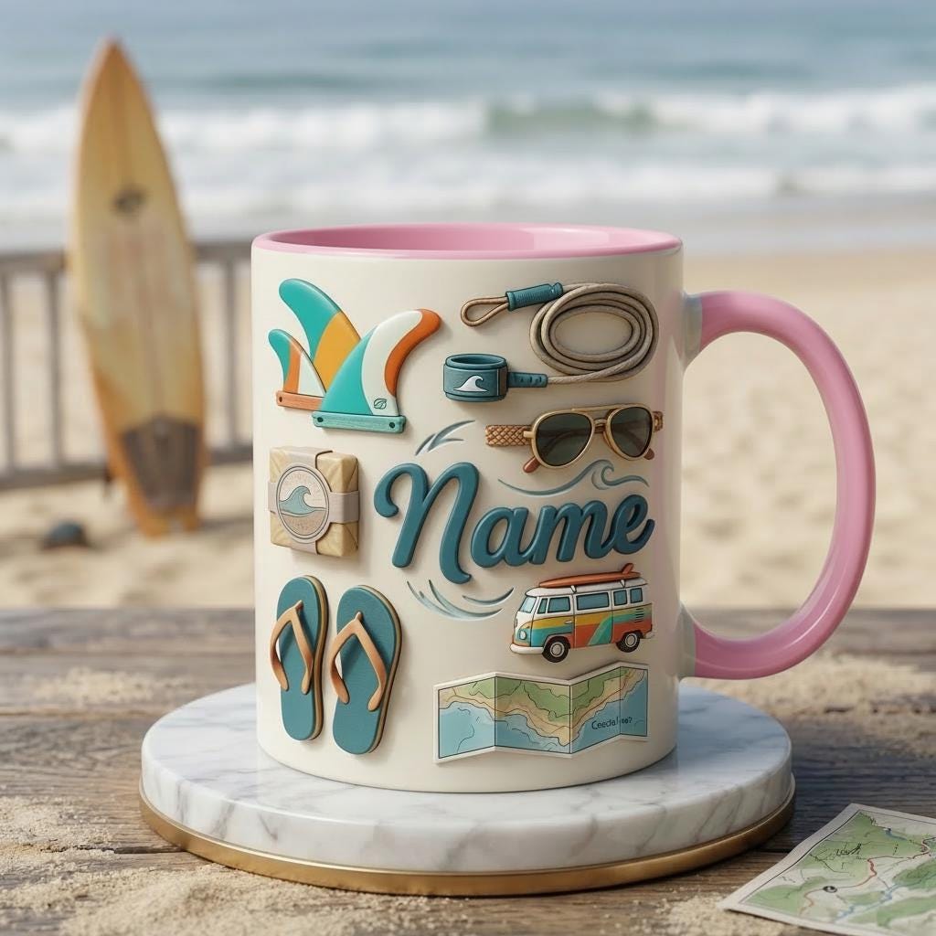 Surfing Coffee Mug 3D, Faux 3D Design, Custom Name, Beach Van Art