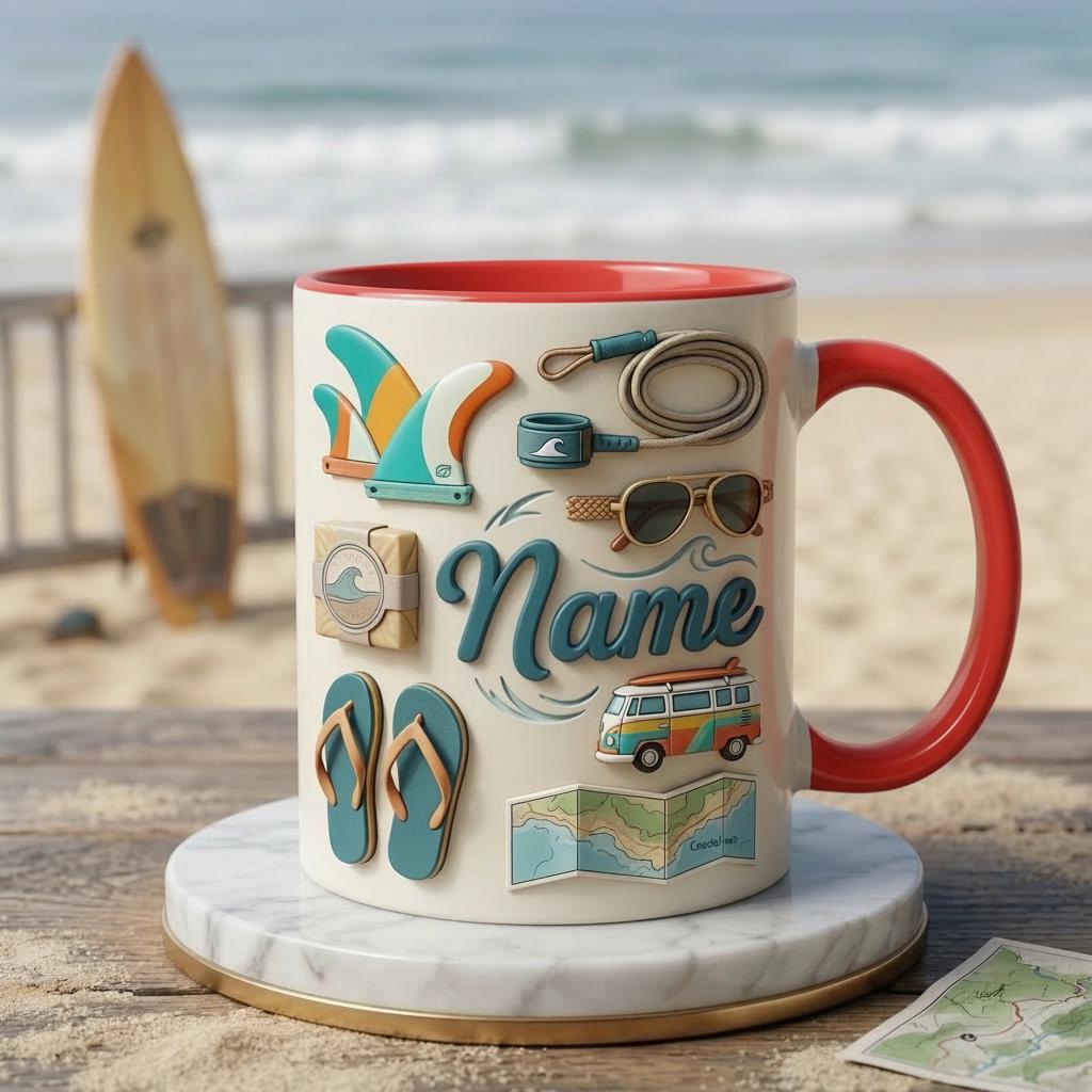 Surfing Coffee Mug 3D, Faux 3D Design, Custom Name, Beach Van Art