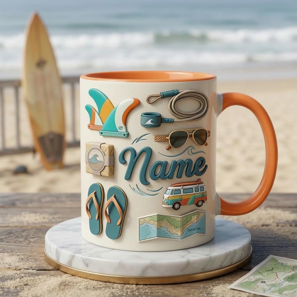 Surfing Coffee Mug 3D, Faux 3D Design, Custom Name, Beach Van Art