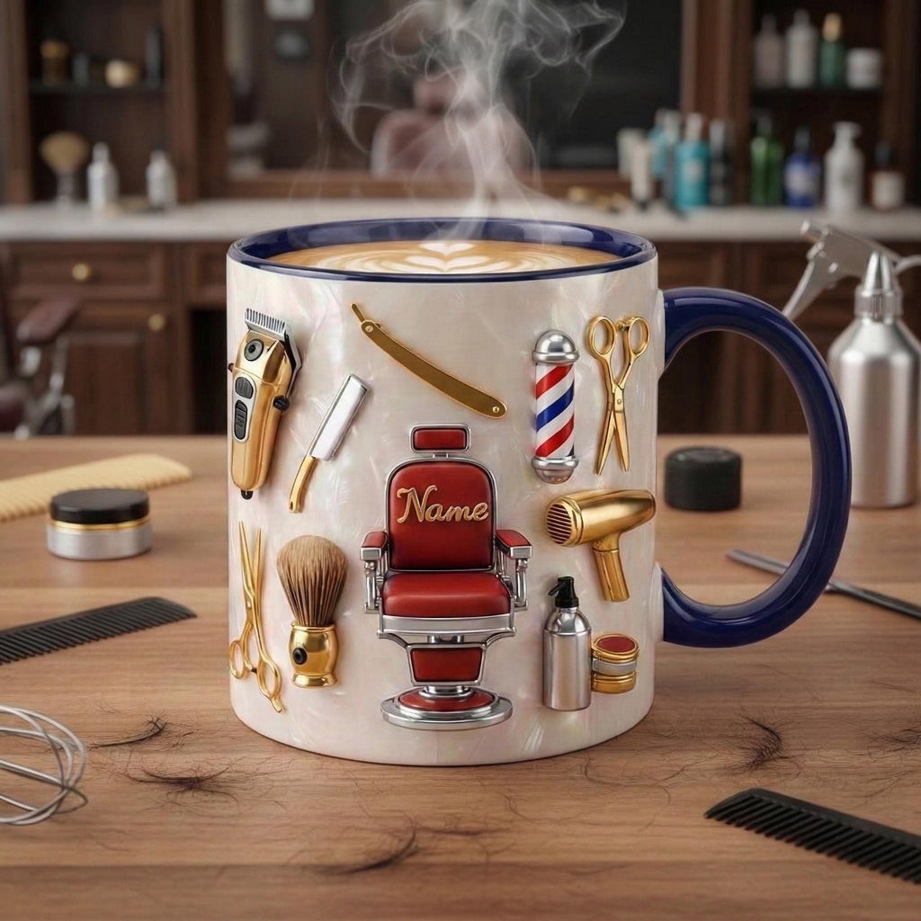 Hairstylist Barber Chair Mug 3D, Personalized Beauty Salon Gift, Faux 3D Effect
