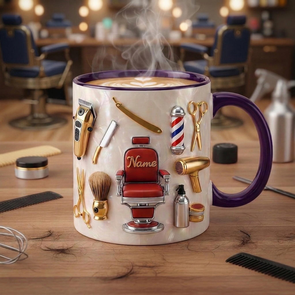 Hairstylist Barber Chair Mug 3D, Personalized Beauty Salon Gift, Faux 3D Effect