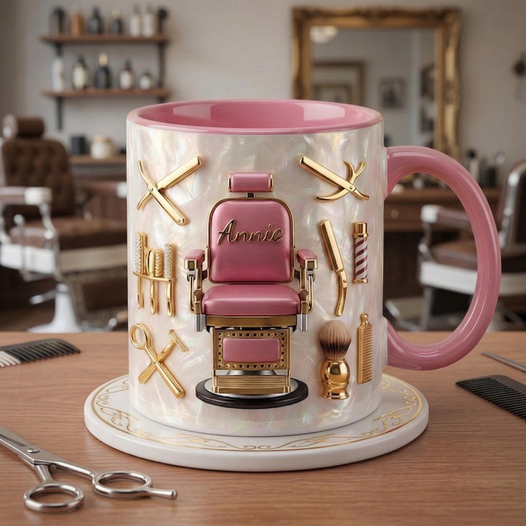 Hairstylist Barber Chair Mug 3D, Personalized Beauty Salon Gift, Faux 3D Effect Mug