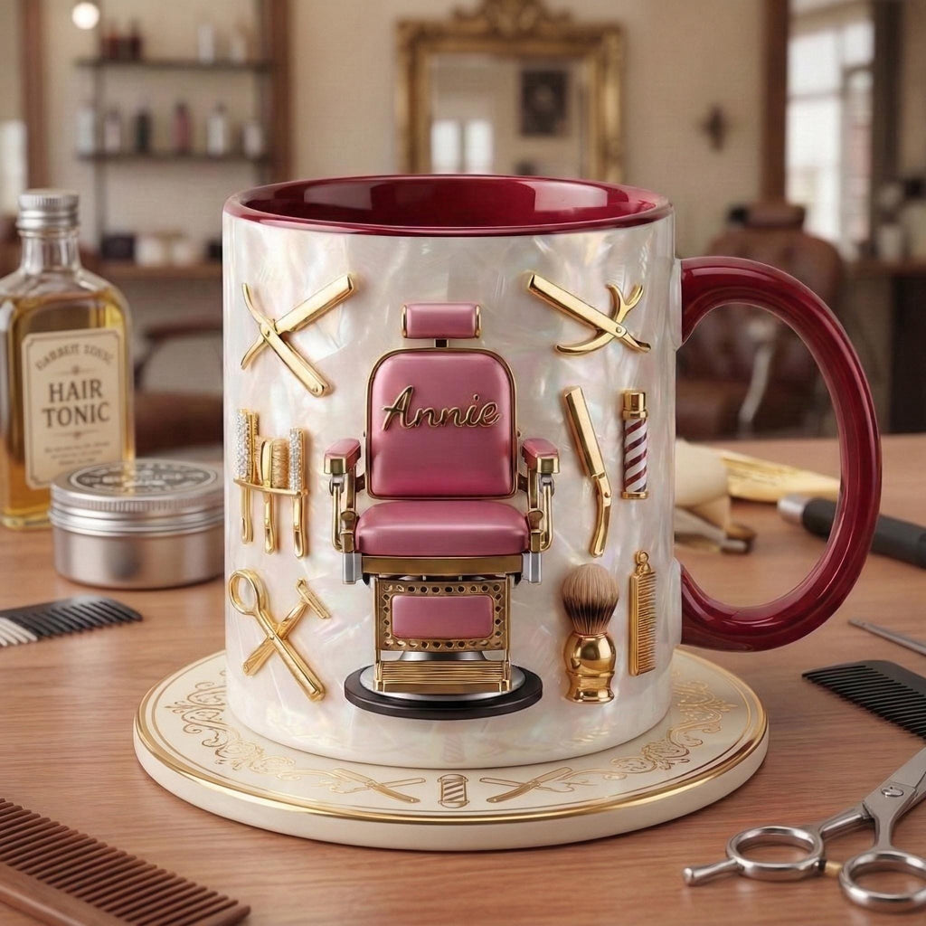 Hairstylist Barber Chair Mug 3D, Personalized Beauty Salon Gift, Faux 3D Effect Mug