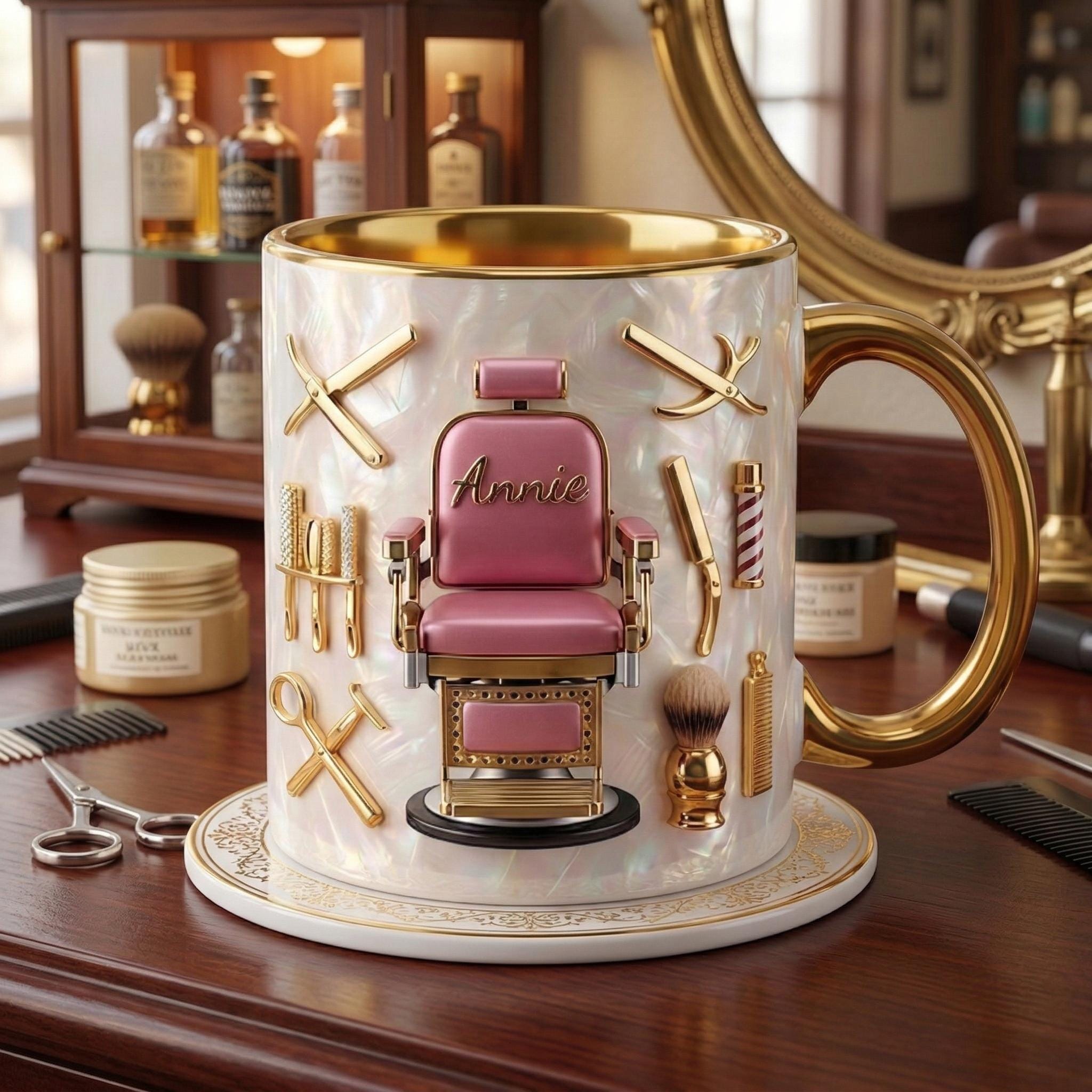 Hairstylist Barber Chair Mug 3D, Personalized Beauty Salon Gift, Faux 3D Effect Mug