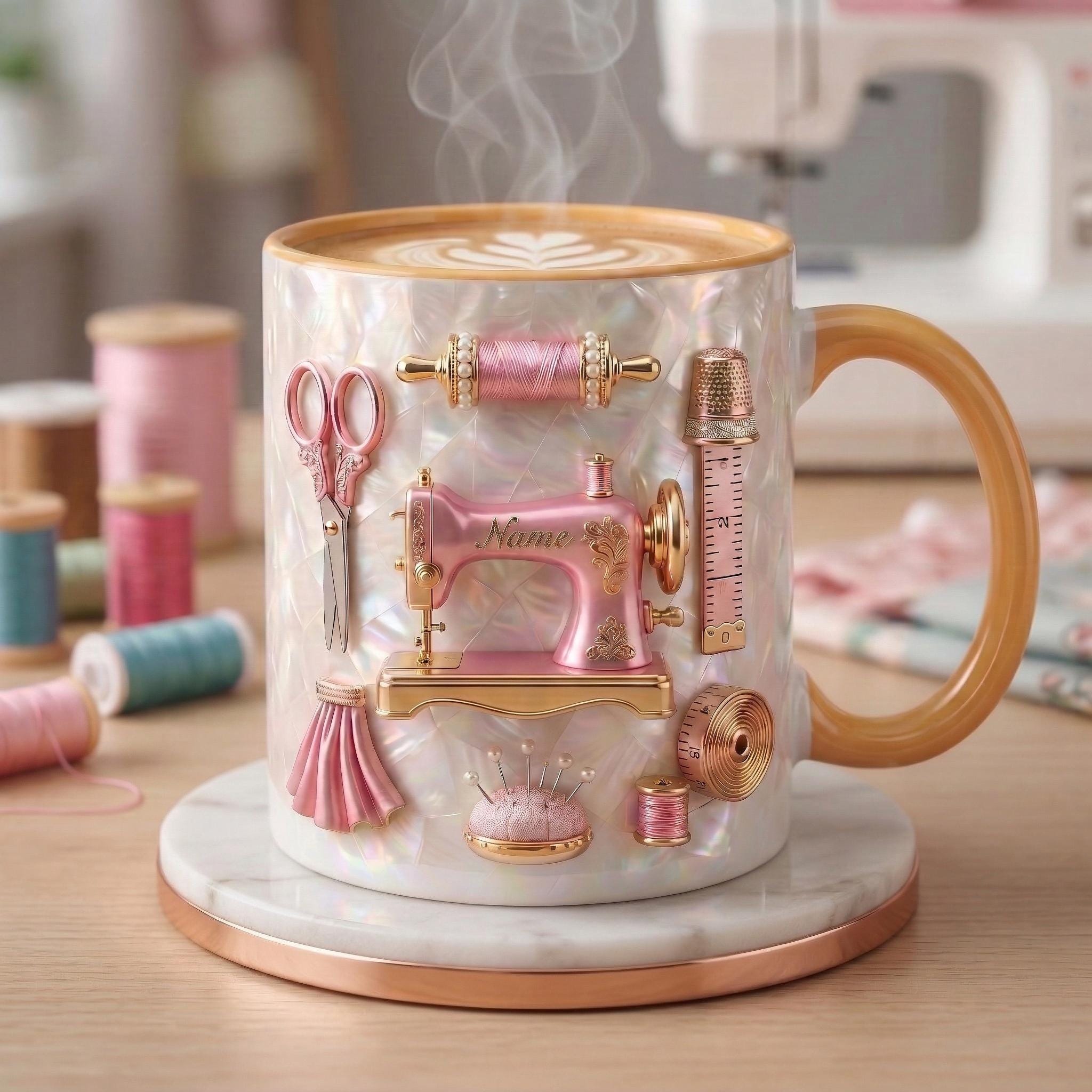 Sewing Mug 3D, Faux 3D Effect Mug, Sewing Craft Coffee Mug, Custom Name Gift
