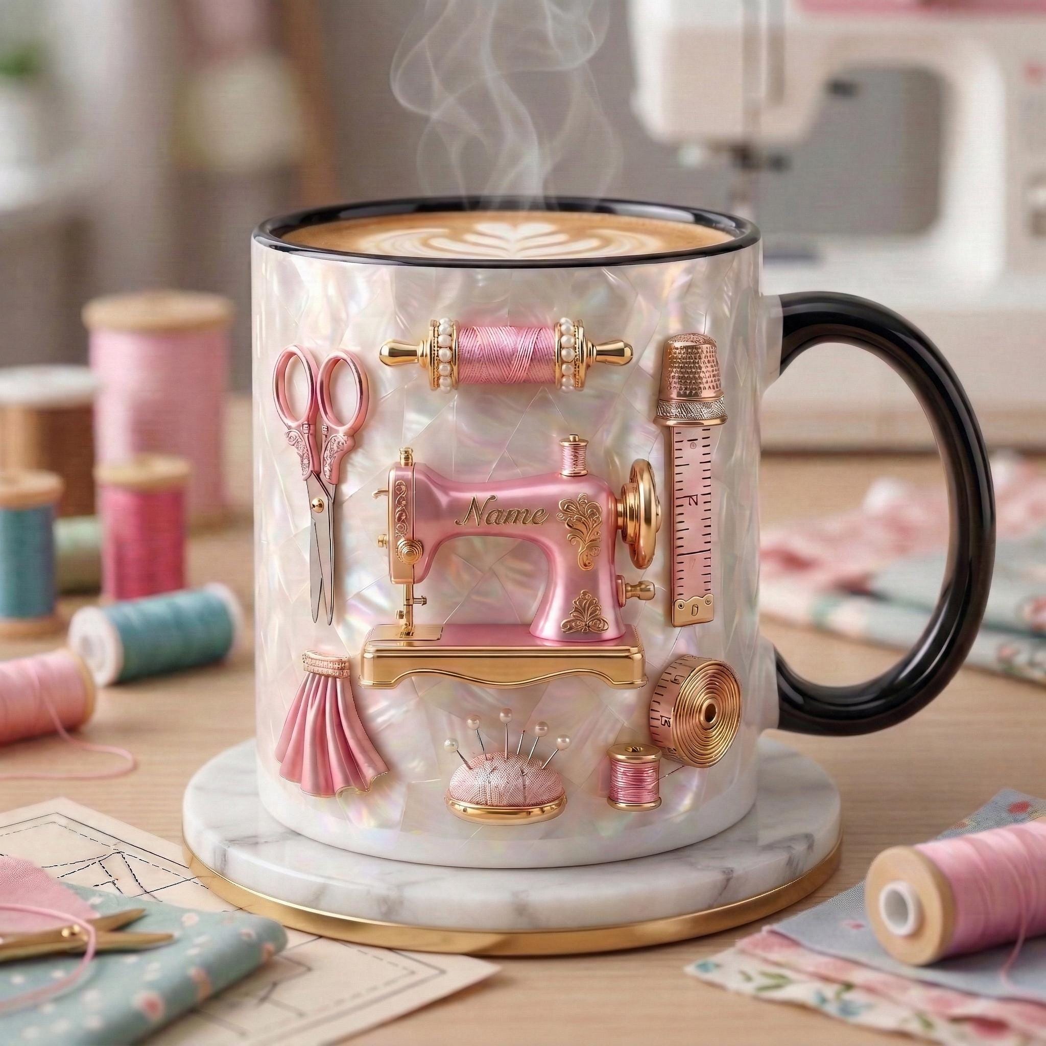 Sewing Mug 3D, Faux 3D Effect Mug, Sewing Craft Coffee Mug, Custom Name Gift