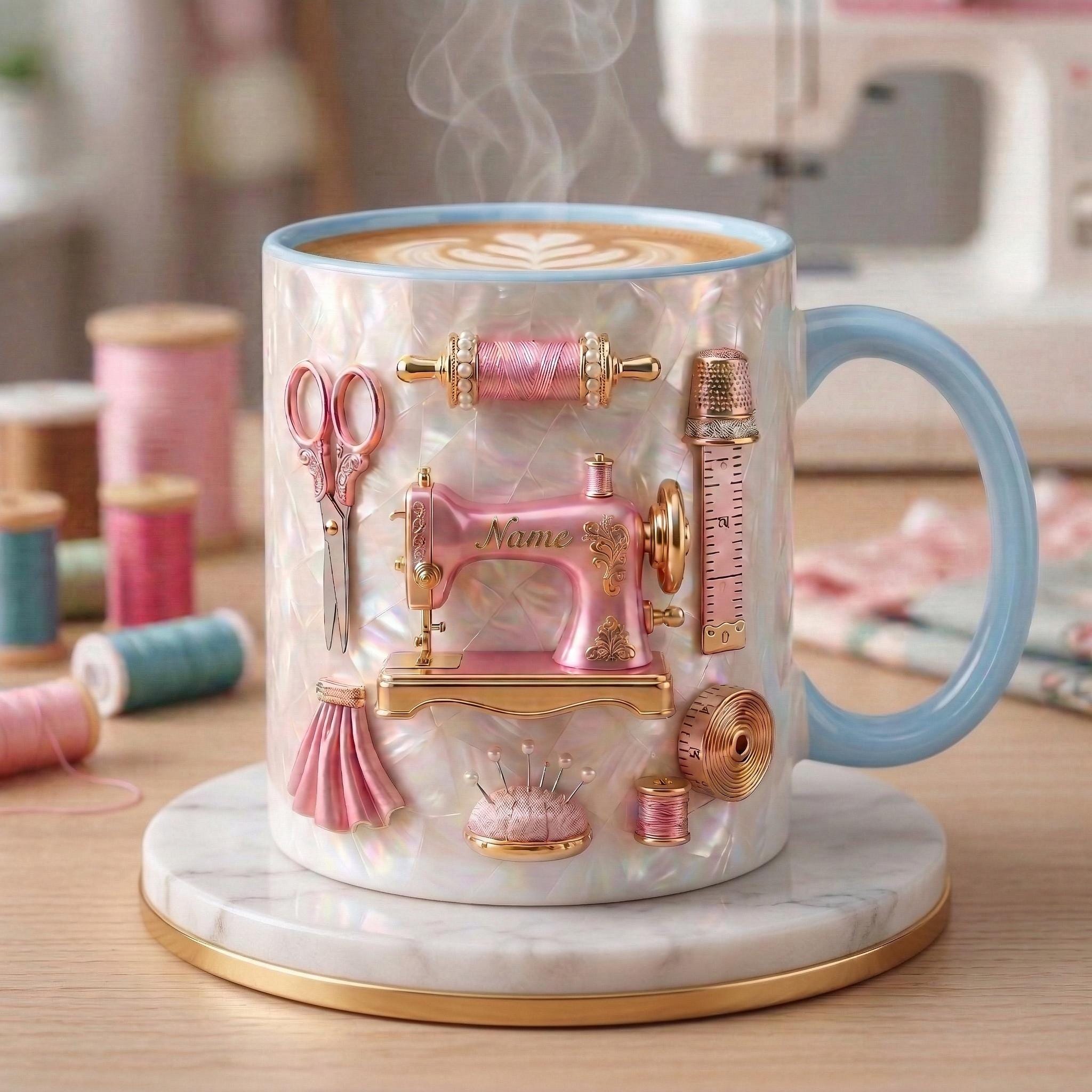 Sewing Mug 3D, Faux 3D Effect Mug, Sewing Craft Coffee Mug, Custom Name Gift